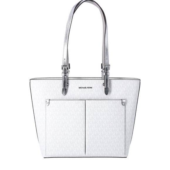 MICHAEL KORS JET SET TRAVEL MD DOUBLE POCKET TOTE SHOULDER BAG MK WHITE/SILVER